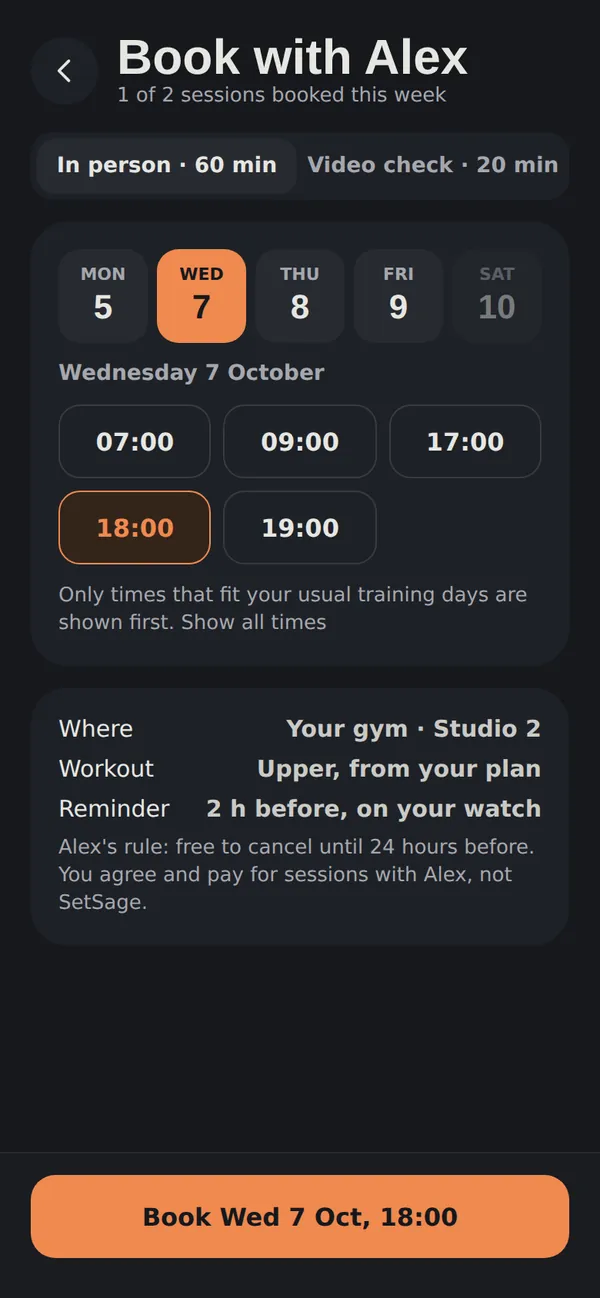 A client booking with Alex: choose in person or video, a day and a time, with reminders on the watch.