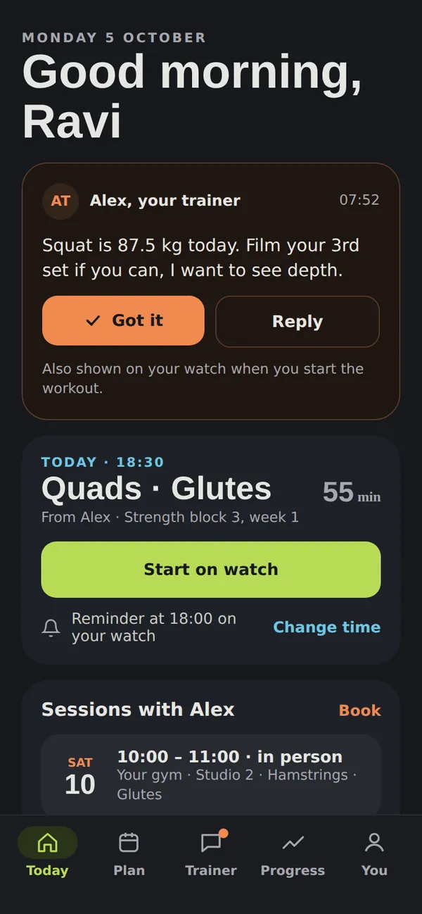 The client's Today screen: a message from Alex the trainer with Got it and Reply, today's workout for quads and glutes to start on the watch, and booked sessions.