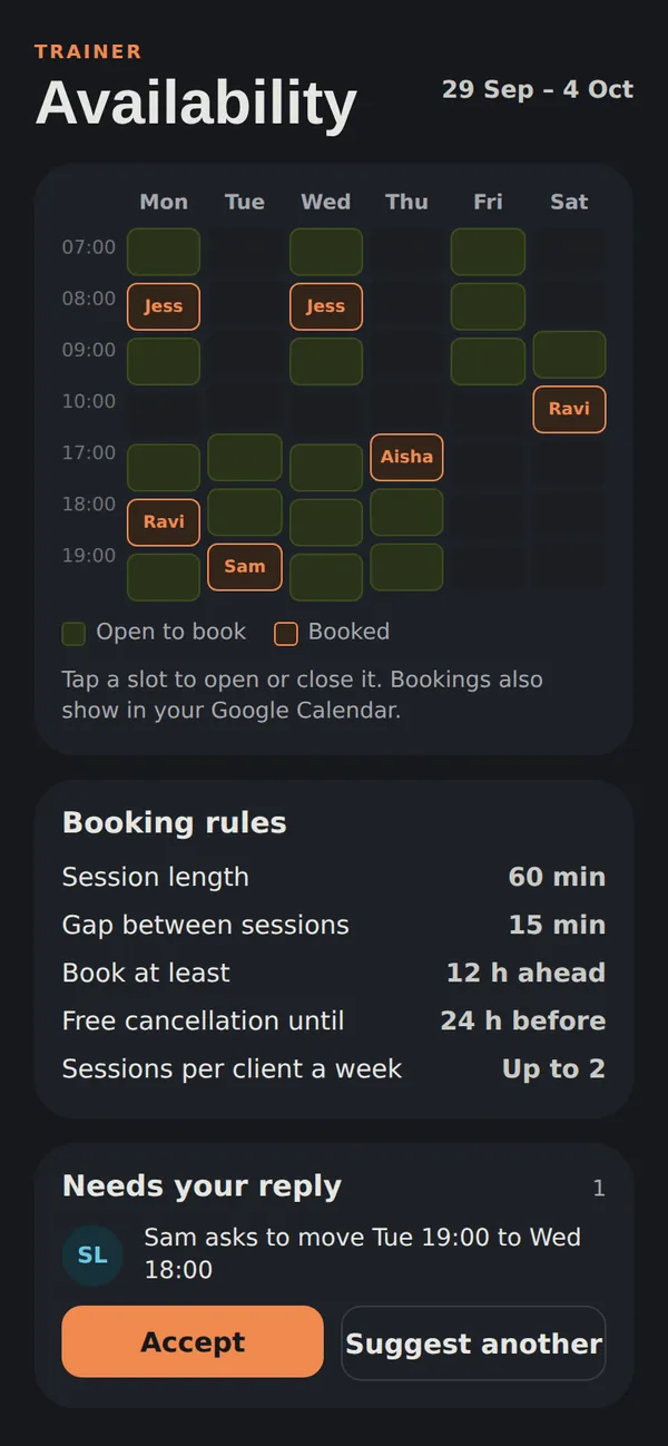 Trainer availability for the week, with open and booked slots, booking rules, and a request from Sam to move a session.