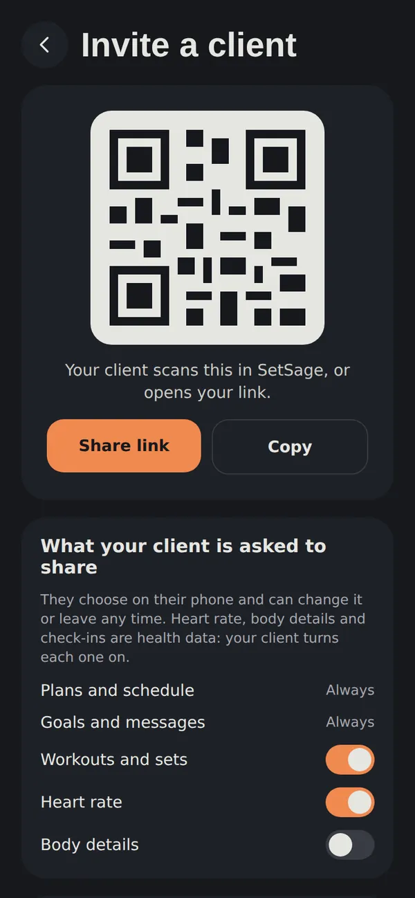 Invite a client with a QR code or a link, see what the client is asked to share, and your plan of up to 25 clients.