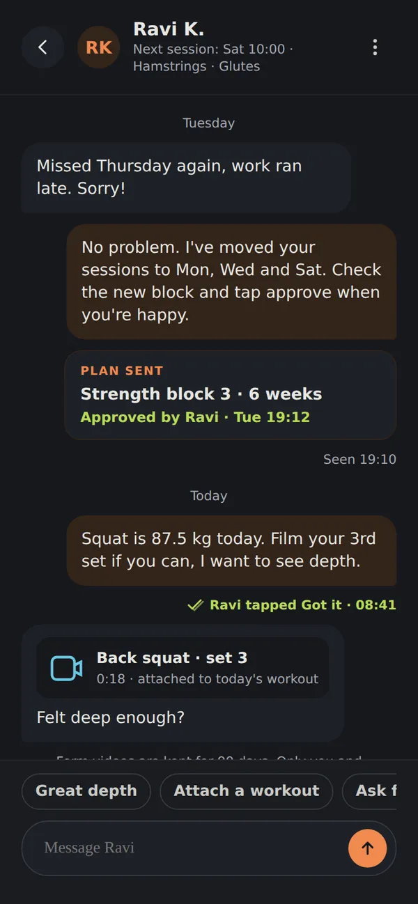 Messages with Ravi: he approved Strength block 3, tapped Got it on a cue about squat depth, and sent a video of set 3.